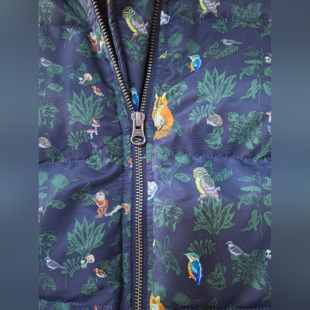 Ochirly Womens Navy Animal Forest Print Puffer Jacket Zip Whimsical Size S - Picture 3 of 8